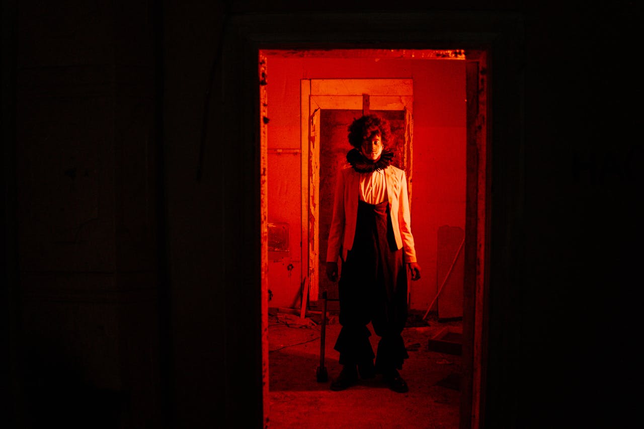Home Sinister clown in dim red light creates a chilling Halloween atmosphere.