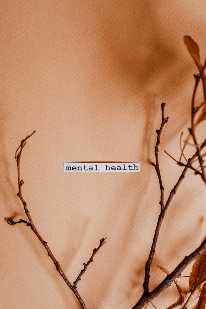 Home Aesthetic minimalist image featuring branches and 'mental health' text.